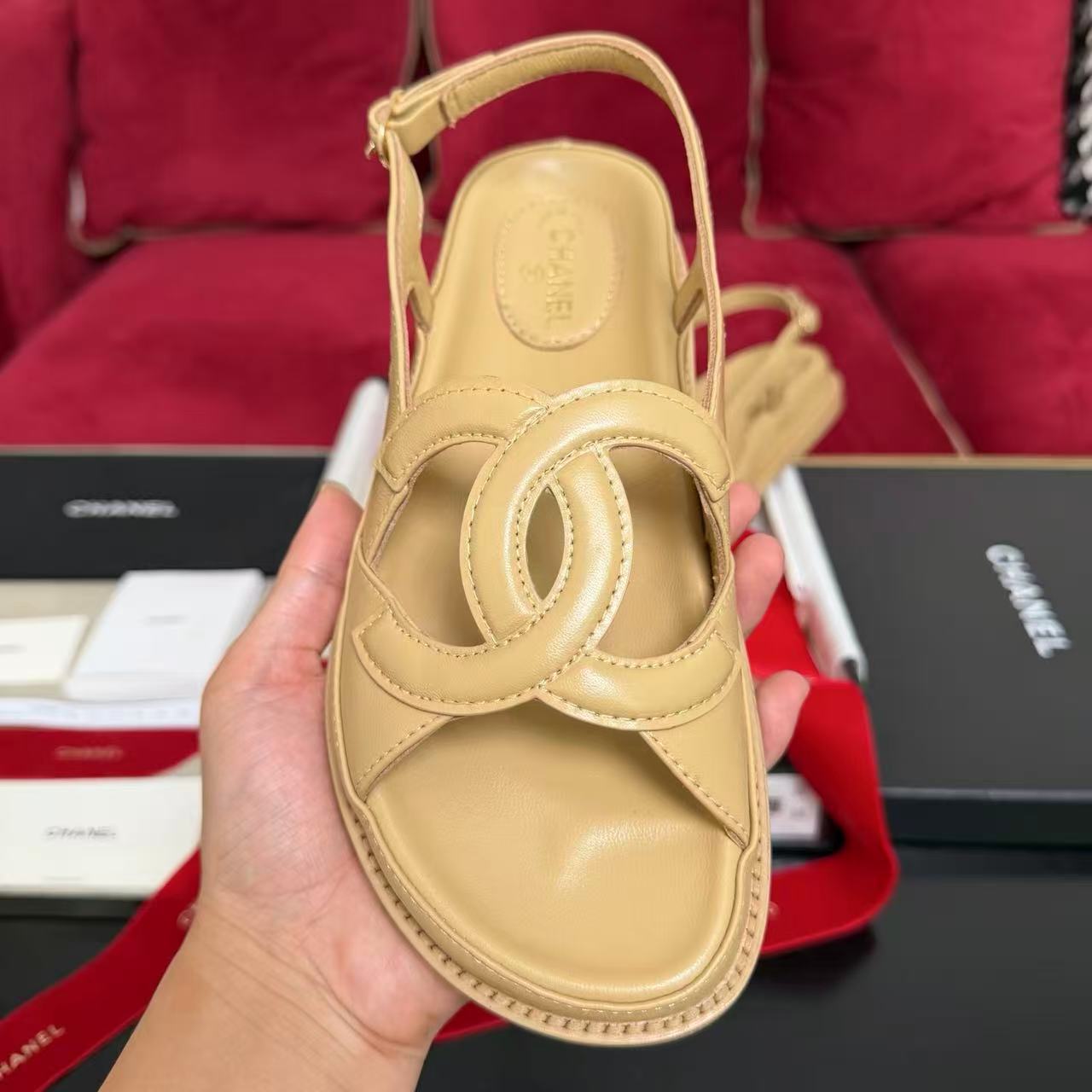 26S DOUBLE CC SANDAL IN BEIGE CALFSKIN