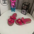26S SLIDE SANDALS IN PINK VELVET AND CALFSKIN WITH ROPE SOLE GOLD HARDWARE