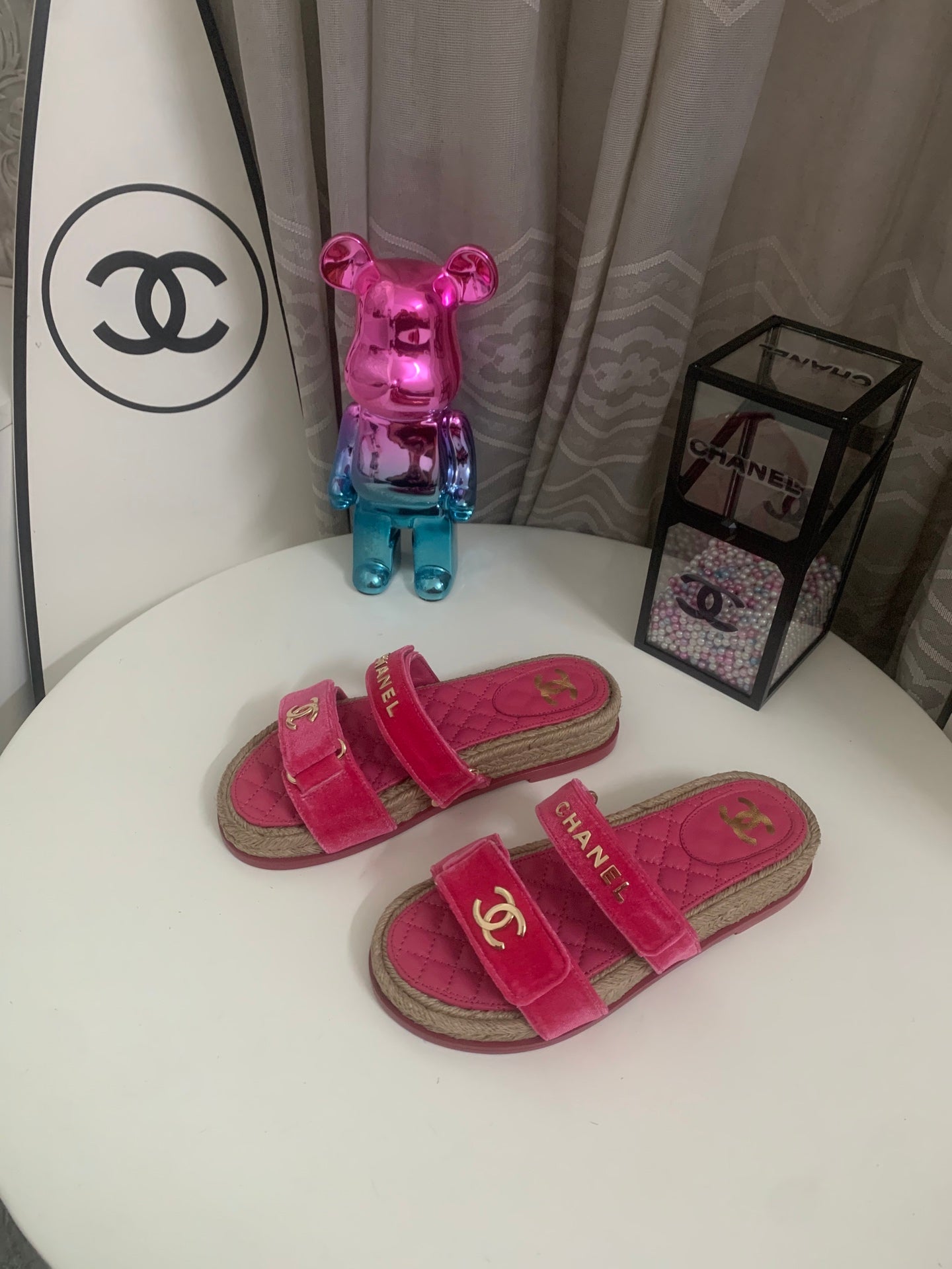 26S SLIDE SANDALS IN PINK VELVET AND CALFSKIN WITH ROPE SOLE GOLD HARDWARE