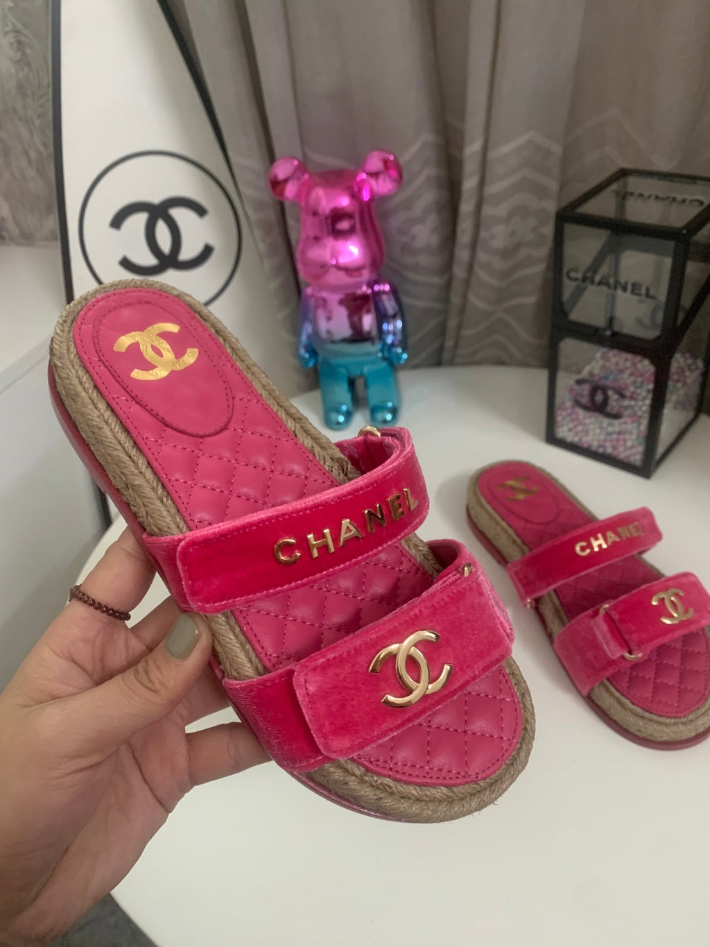 26S SLIDE SANDALS IN PINK VELVET AND CALFSKIN WITH ROPE SOLE GOLD HARDWARE