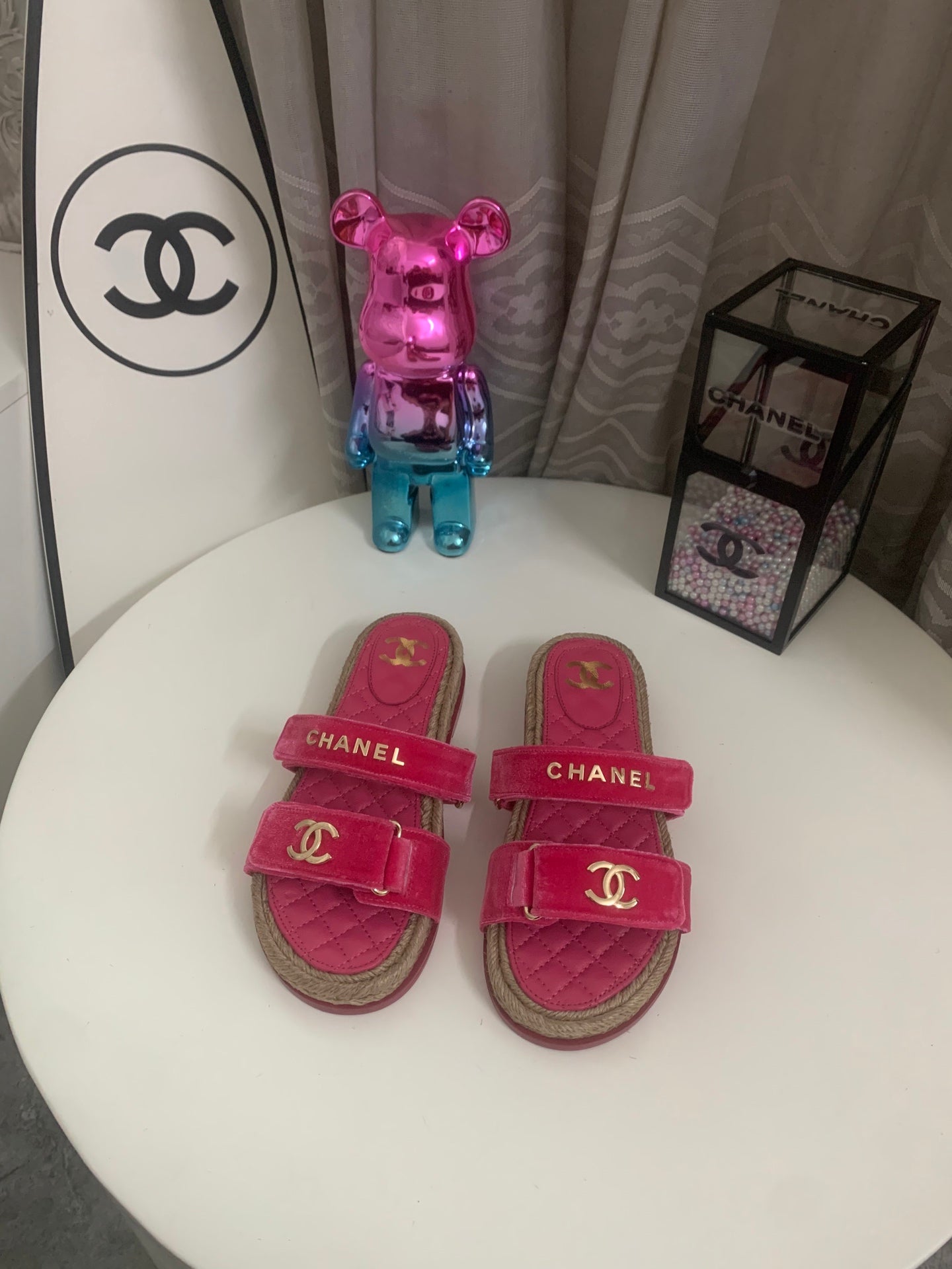 26S SLIDE SANDALS IN PINK VELVET AND CALFSKIN WITH ROPE SOLE GOLD HARDWARE