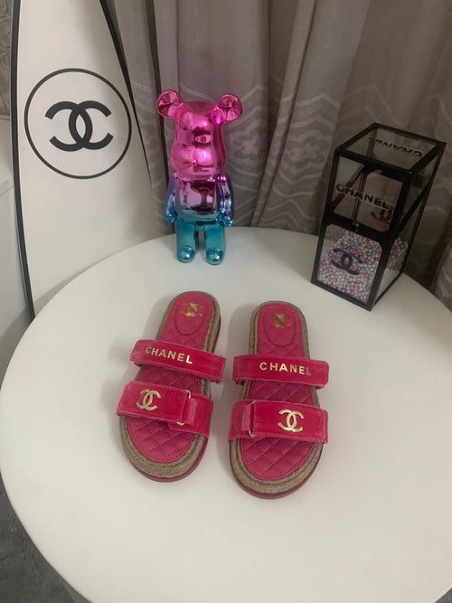 26S SLIDE SANDALS IN PINK VELVET AND CALFSKIN WITH ROPE SOLE GOLD HARDWARE
