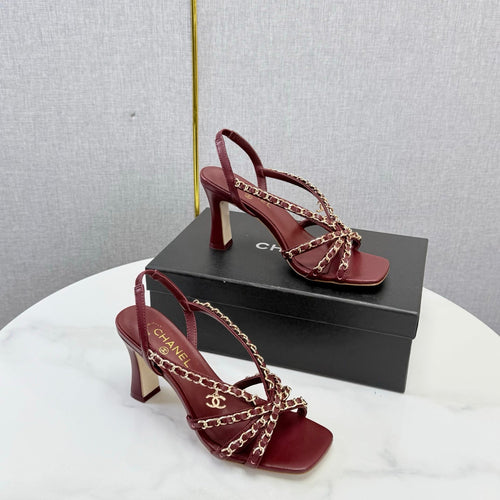 26S CHAIN STRAP HIGH HEELS 80 MM IN DARK RED LAMBSKIN