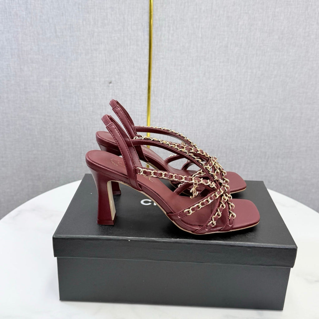26S CHAIN STRAP HIGH HEELS 80 MM IN DARK RED LAMBSKIN