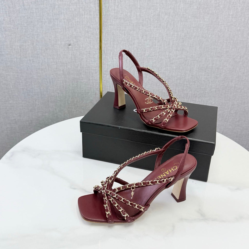 26S CHAIN STRAP HIGH HEELS 80 MM IN DARK RED LAMBSKIN