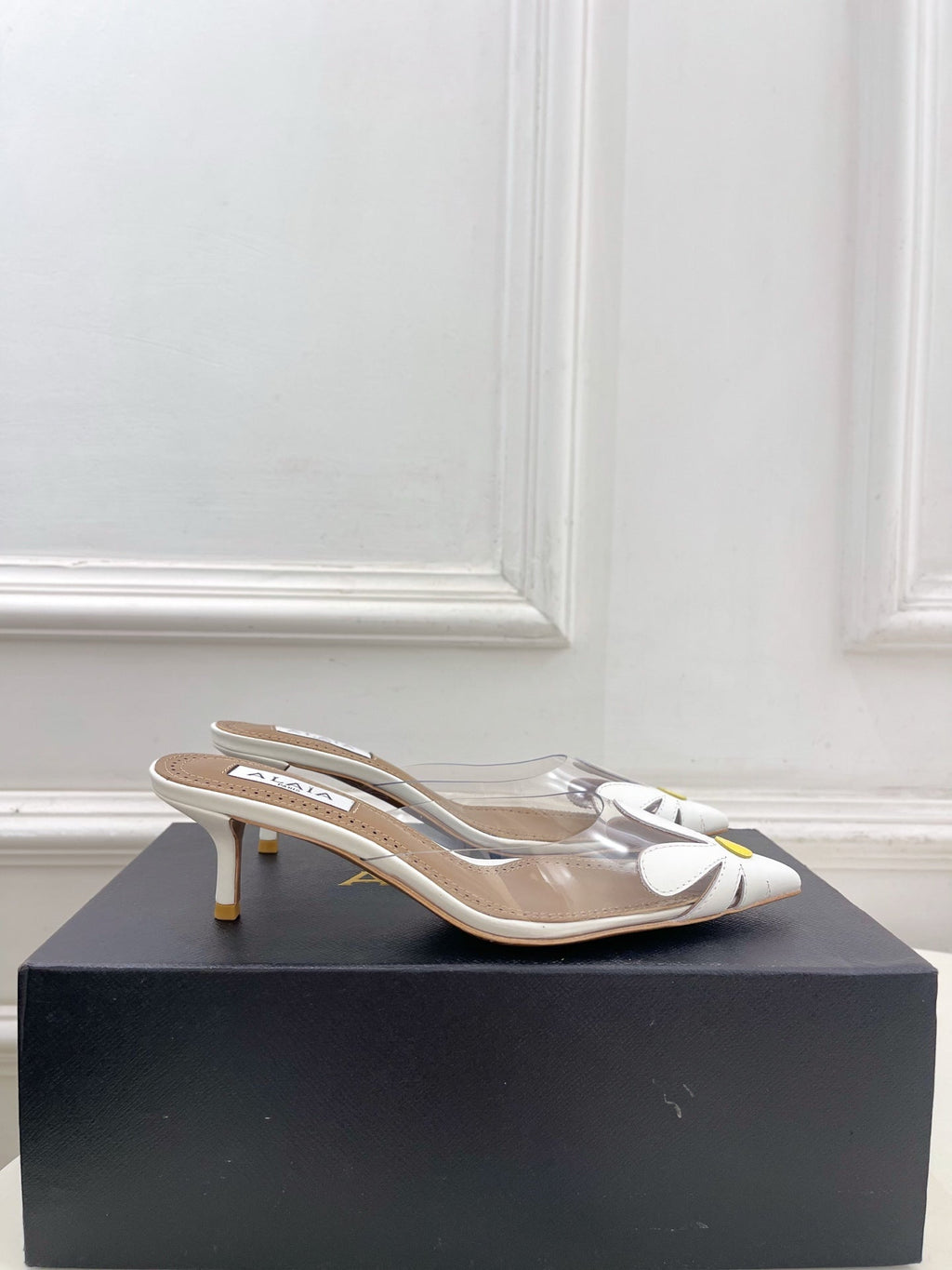 26S MULE HEELS 55 MM IN WHITE LAMBSKIN AND TRANSPARENT PVC