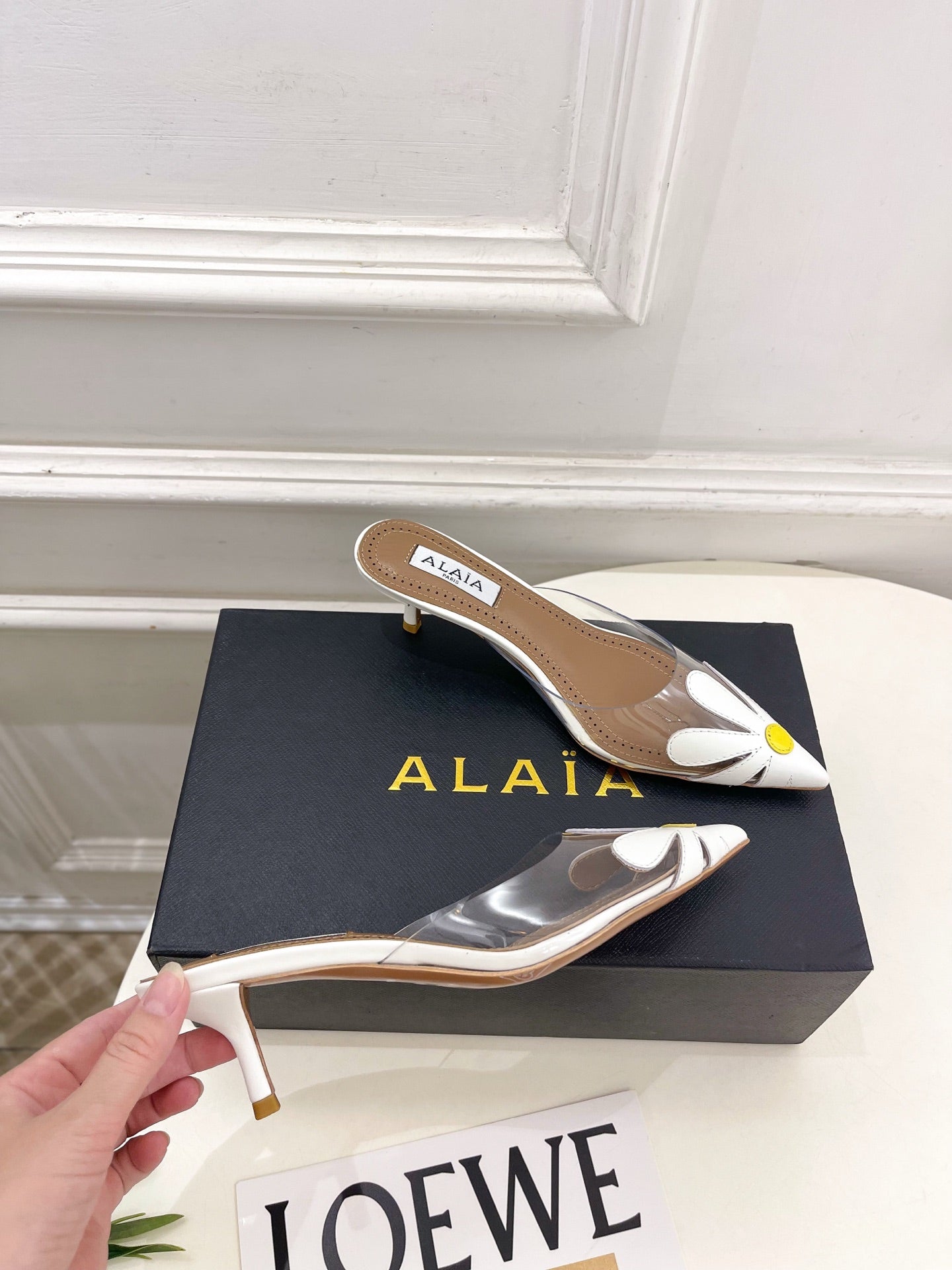 26S MULE HEELS 55 MM IN WHITE LAMBSKIN AND TRANSPARENT PVC